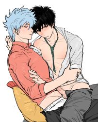 2boys alternate_version_available black_hair blush chinese_text embarrassed erection gay gintama gintoki_sakata hijikata_toshiro light_blue_hair male male_only necktie open_pants open_shirt penis penis_out sapomu4 shy sitting sitting_on_lap sitting_on_person uncensored white_hair yaoi