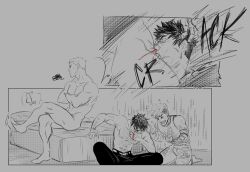 3boys black_and_white deepthroat hairy_male laughing male_only millions_knives muscular_male nicholas_d_wolfwood no_visible_genitalia nosebleed nude_male pouting rough_oral shirtless_male trigun trigun_stampede vash_the_stampede yamzokk yaoi