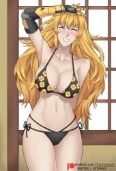 bikini bikini_bottom bikini_top blonde_female blonde_hair kitagawa_marin_(cosplay) long_hair long_hair_female purple_eyes robotic_arm rwby sono_bisque_doll_wa_koi_wo_suru tehshraid yang_xiao_long