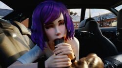 1boy 1girls 3d andavaverse big_penis blue_eyes bracelet car dark-skinned_male fellatio female inside_car interracial lateoutdated long_nails looking_at_viewer male male_pov oral pelo piercing pleasure_face pov purple_hair road_head sex shiny_skin shirt