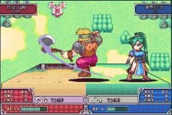 1boy 1girls animated armor axe bandit batta_(fire_emblem) blonde_hair blue_dress boss_fight breasts chibi dress earrings female fire_emblem fire_emblem:_the_blazing_blade gameplay_mechanics green_hair green_hairband hairband heads-up_display high_ponytail holding holding_axe holding_sword holding_weapon japanese_text jewelry katana large_breasts lyn_(fire_emblem) male nintendo no_eyebrows no_sound pants pixel_art purple_pants shoulder_armor sword text translation_request uramoto_kouji video weapon