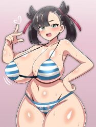 1girls big_breasts bikini bikini_bottom bikini_top black_hair blush bottomwear breasts cleavage female female_only game_freak green_eyes hair hand_on_hip heart hips huge_breasts large_breasts marnie_(pokemon) pokemon pokemon_ss smile snowpowder198 solo solo_female striped_bikini sweat sweatdrop swimwear topwear twintails wide_hips