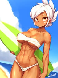 abs breasts cleavage dark-skinned_female dark_skin female female_only league_of_legends looking_at_viewer muscles muscular muscular_female nestkeeper pool_party riven solo