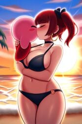 ai_generated beach bikini date goth_girl goth_mommy hoop_earrings izzyredlove_(oc) kirby kirby_(series) kissing large_breasts original original_character romantic romantic_couple spiked_bracelet spiked_collar twintails twintails_(hairstyle) wholesome wide_hips