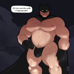 balls bara batman batman_(series) big_penis body_hair bulge cape dc dc_comics flaccid male male_only mask millzdick muscles muscular penis solo solo_male speech_bubble thong