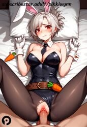 1boy ai_generated animal_ears bare_shoulders battle_bunny_riven bed bed_sheet belt black_leotard blush breasts carrot cleavage clitoris closed_mouth clothing_aside covered_navel detached_collar fake_animal_ears female folded_ponytail gloves hands_up large_breasts league_of_legends leotard leotard_aside looking_at_viewer lying missionary necktie on_back on_bed pantyhose penis pikkiwynn pillow playboy_bunny pov pussy rabbit_ears red_eyes riven sex short_hair solo_focus spread_legs straight strapless strapless_leotard sweat torn_clothes uncensored vaginal_penetration white_gloves wrist_cuffs