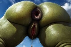 1girls ai_generated anus ass_focus big_anus big_ass detailed_anus dripping_pussy green_skin hairy hairy_anus hairy_pussy huge_anus huge_ass hyper_anus imminent_facesitting impar_dolor_ai low-angle_view orc orc_female presenting_hindquarters puffy_anus