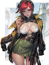 ai_generated bare_thighs belts beret breasts coat_on_shoulders deep_cleavage female lace_bra leather_belt leather_coat leather_elbow_gloves navel_visible_through_clothes pink_hair red_hair short_hair skirt solo stable_diffusion