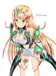 1girls armor big_breasts blonde_hair blush breasts cleavage core_crystal dress gloves high_res long_hair looking_at_viewer mythra nintendo samu_poteto smile white_background xenoblade_(series) xenoblade_chronicles_2 yellow_eyes