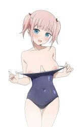 1girls accurate_art_style areolae bare_arms bare_legs bare_shoulders bare_thighs big_breasts blue_eyes blush breasts coro_fae female female_only fujiwara_moeha human kaguya-sama_wa_kokurasetai_~tensai-tachi_no_renai_zunousen~ navel_visible_through_clothes official_style one-piece_swimsuit open_mouth pink_hair ponytails removing_swimsuit school_swimsuit smile solo steam swimsuit swimsuit_down thighs wet_body