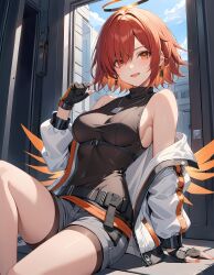 ai_generated arknights exusiai_(arknights) halo high_resolution highres nej orange_eyes red_hair shorts white_jacket