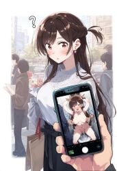 1girls ? ai_generated blackmail blush bondage breasts brown_eyes brown_hair clothed_female clothing female female_focus holding_phone juxtaposition kanojo_okarishimasu looking_at_viewer mizuhara_chizuru nipples nude nude_female phone phone_screen photo_comparison photographic_proof pinching_nipples pov pov_eye_contact ruined_reputation sex tied_up toilet