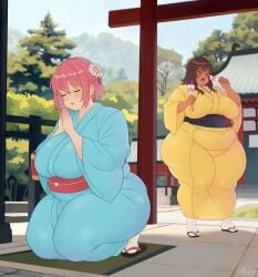 2girls belka_dog female female_only huge_ass huge_breasts human multiple_girls overweight overweight_female pink_hair thunder_thighs tight_clothing weight_gain