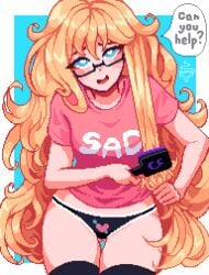 absolute_territory absurdres artist_name black_thighhighs blonde_hair blue_background blue_eyes blush brushing_hair cowboy_shot english_text female glasses highres holding holding_brush kana_fujisawa large_breasts long_hair looking_at_viewer no_pants open_mouth pink_shirt pixel_art shirt simple_background solo speech_bubble t-shirt thick_thighs thighhighs yumykon yumyverse zettai_ryouiki