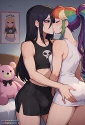 ai_generated black_hair black_skirt cute cute_face futa_on_female futa_sans_pussy futa_with_female futadom futanari futanari goth goth_futa goth_girl hair_between_eyes incest iris_(osirix) kissing kissing long_hair oc original original_character original_characters osirix ponytail rainbow_hair siri_(osirix) stable_diffusion swept_bangs twincest twins white_dress