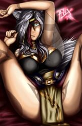 aqua_eyes crotch_shot eye_patch fire_emblem fire_emblem:_radiant_dawn fluxx_pwr gold gold_jewelry green_eyes nailah_(fire_emblem) one_eye_covered silver_hair spread_legs tail tan tan_skin thick_thighs wolf_girl wolf_queen