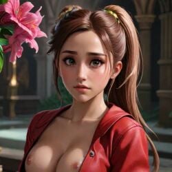 1girls aerith_gainsborough_(cosplay) ai ai_generated ariana_grande breasts breasts_out brown_hair celebrity church final_fantasy final_fantasy_vii final_fantasy_vii_rebirth final_fantasy_vii_remake flowers green_eyes jacket jacket_open looking_at_viewer nipples red_jacket square_enix