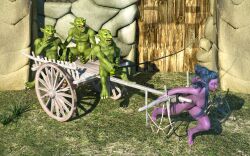 1girls 3boys 3d blizzard_entertainment blue_hair goblin goblin_(warcraft) green_skin night_elf pulling_carriage purple_skin slave tyrande_whisperwind warcraft whipping world_of_warcraft zuleyka