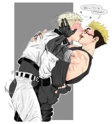 2boys arms_around_waist blush closed_eyes clothed clothed_male color english_text fingerless_gloves incest kissing male/male male_only mechanical_arm millions_knives scars scars_all_over spats sweat tongue_kiss tongue_out trigun trigun_stampede vash_the_stampede yamzokk yaoi