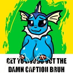 1:1 anthro areola big_breasts blue_body blue_skin blush bodily_fluids breasts digital_drawing_(artwork) digital_media_(artwork) eeveelution female frill_(anatomy) generation_1_pokemon green_background lactating looking_at_viewer membrane_(anatomy) membranous_frill meme neck_frill nintendo nipples nude pink_areola pink_nipples pokemon pokemon_(species) projectile_lactation simple_background smile solo vaporeon yellow_background yogurtbeans