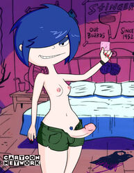 1futa areolae ball_bulge balls balls_under_clothes big_penis black_eyes blue_hair cartoon_network condom dickgirl ed_edd_n_eddy erect_nipples erection flat_chest futa_only futanari intersex kanker_sisters looking_at_viewer marie_kanker nipples penis penis_out punk punk_girl short_hair shorts shrimpypuff smile solo solo_futa straight_hair topless wristband