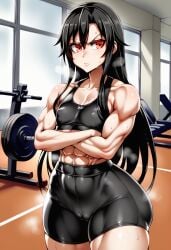 1girls ai_generated annoyed asanagi_(style) ass bike_shorts black_hair cameltoe covered_nipples crossed_arms flat_chest long_hair looking_at_viewer muscular muscular_female original red_eyes self_upload sports_bra steam steaming_body sweat thick_thighs