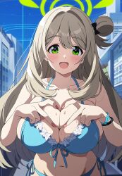 ai_generated areola big_breasts blonde_hair blue_archive dasein green_eyes heart_fingers heart_hands heart_shape huge_breasts large_breasts long_hair looking_at_viewer nonomi_(blue_archive) nonomi_(swimsuit)_(blue_archive) novelai smiling smiling_at_viewer