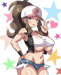 1girls baseball_cap big_breasts blue_eyes blue_shorts booty_shorts bottomwear breasts brown_hair female female_only game_freak hand_on_hip hat headwear heart hilda_(pokemon) huge_ass huge_breasts large_breasts peace_sign pokemon pokemon_bw ponytail short_shorts shorts snowpowder198 solo solo_female stars tank_top thighs topwear white_tank_top