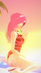 1girls 3d beach multicolored_hair nakadashi_(artist) neo_(rwby) popsicle pose posing rwby sucking_on_popsicle sunset swimsuit wet_body