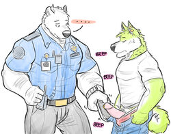 ... anthro beep belt blush canine citrusification clothing device duo ear_piercing genital_piercing humor male male_only mammal muscular muscular_male officer open_pants penis penis_piercing piercing police_uniform prince_albert_piercing simple_background sweat sweatdrop uniform watch white_background