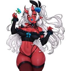 1girls akumi big_breasts breasts female g-string horns oni oni_horns red_body red_skin scars thick_thighs virtual_youtuber vyugen white_hair yellow_eyes