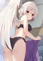 1girls ass black_bra black_panties blush bra cowboy_shot feathered_wings female from_behind grey_hair hair_between_eyes holding holding_clothes indoors kishin_sagume looking_at_viewer looking_back niko_kusa panties parted_lips red_eyes sagume_kishin short_hair signature single_wing solo touhou underwear white_wings wings