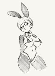 1girls barely_clothed barely_visible_pussy big_breasts black_and_white bowtie bulma_briefs bunny_ears bunnysuit busty curvy dragon_ball dragon_ball_z funsexydragonball micro_bikini milf pubic_hair reverse_bunnysuit short_hair_female sketch