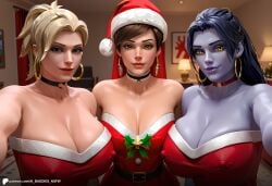 ai_assisted ai_baddies ai_generated blonde_hair blue_eyes brown_eyes brown_hair christmas christmas_outfit close-up cowboy_shot festive gift holidays inside large_breasts light_skin looking_at_viewer mercy overwatch overwatch_2 pale_skin party patreon patreon_link patreon_logo patreon_url patreon_username purple_body purple_hair purple_skin red_dress santa_costume santa_hat selfie small_breasts smirk tracer widowmaker yellow_eyes