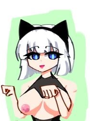 bangs barely_clothed blue_eyes bob_cut breasts_out cascabelp cat_ears catgirl female female_focus female_only looking_at_viewer presenting_breasts solo solo_female solo_focus touhou white_background white_hair youmu_konpaku