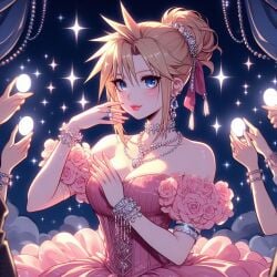 ai_generated blonde_hair blue_eyes blush cleavage cloud_strife dress final_fantasy final_fantasy_vii final_fantasy_vii_remake formal_dress gala_dress genderswap_(mtf) jewelry lipstick looking_at_viewer rule_63 smile unseen_character