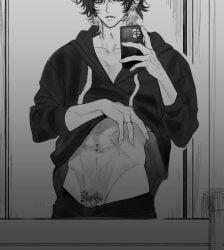 1boy 88in abs bishonen black_hoodie clothes_lift clothes_pull collarbone ear_piercing finger_piercing fingernails greyscale groin highres holding holding_phone hood hoodie male_focus male_pubic_hair medium_hair messy_hair mirror_selfie monochrome multicolored_hair muscular navel_piercing original pants pants_pull parted_lips pectoral_cleavage pectorals penis penis_peek phone piercing pubic_hair reflection scar scar_on_stomach shirt_lift sleeves_rolled_up solo toned toned_male twink two-tone_hair upper_body veins