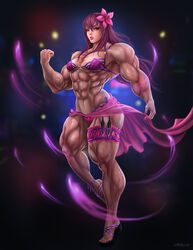 abs big_muscles bikini breasts dagger extreme_muscles fate/grand_order fate_(series) female gv-art knife long_hair looking_at_viewer muscles muscular muscular_female navel pink_toenail_polish pink_toenails purple_eyes purple_hair sandals scathach_(fate) solo thick_thighs toenail_polish tongue tongue_out veins weapon