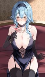 1girls 2d 2d_(artwork) belly_button big_breasts black_gloves blue_hair blush breasts cleavage dress elegant elegant_dress eula_(genshin_impact) female female_focus female_only front_view genshin_impact gloves harimoji holding_cup holding_object hoyoverse huge_breasts indoors light-skinned_female light_skin long_dress long_gloves looking_at_viewer mature mature_female mihoyo short_hair sitting sitting_on_sofa sofa solo solo_female stockings thighhighs thighs yellow_eyes