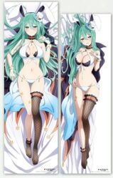 bare_arms bare_belly bare_legs bare_shoulders bare_thighs belly_button big_breasts blush bra breasts bunny_ears dakimakura dakimakura_design date_a_live feet fishnets gloves green_eyes green_hair hand_on_waist hands_on_hair kyouno_natsumi long_hair low_res mouth_closed official_art open_mouth panties smile thigh_gap thighs toes underwear upscaled white_panties