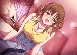 1boy :d bar_censor bed black_necktie blue_skirt blush breasts brown_eyes brown_hair censored cowgirl_position cum cum_in_pussy cum_inside ejaculation female idolmaster idolmaster_cinderella_girls indoors jewelry large_breasts marugoshi_(54burger) medium_hair multiple_views necklace necktie on_bed open_mouth panties_aside pink_ribbon print_skirt pussy ribbon sex shirt skirt sleeveless smile straddling straight striped_necktie tank_top totoki_airi twintails vaginal_penetration white_shirt yellow_tank_top