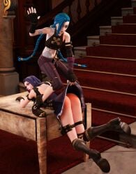 2girls 3d arcane arcane_caitlyn arcane_jinx ass ass_focus bare_ass blender blue_hair caitlyn_kiramman discipline dominant_female female female_only femdom jinx_(league_of_legends) kinkblink league_of_legends multiple_girls naughty punishment skirt_lift slapping_butt spank_marks spanked_butt spanking steampunk submissive twin_braids twintails video_games yuri