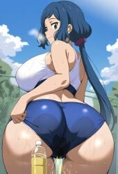 ai_generated bare_legs big_breasts big_butt blue_eyes blue_hair dat_ass fat_ass gigantic_ass golden_shower gundam_seed gym_clothes gym_uniform huge_breasts huge_thighs in_search_of_holy_water iori_rinko light-skinned_female light_skin long_hair looking_back massive_ass massive_breasts mature_female milf peeing ponytail smiling solo_female squatting sweat sweatdrop thick_thighs thighs urinating urinating_female urination urine voluptuous voluptuous_female