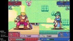 1boy 1girls animated armor audible_music axe bandit batta_(fire_emblem) blonde_hair blue_dress boss_fight breasts chibi dress earrings female fire_emblem fire_emblem:_the_blazing_blade gameplay_mechanics green_hair green_hairband hairband heads-up_display high_ponytail holding holding_axe holding_sword holding_weapon japanese_text jewelry katana large_breasts lyn_(fire_emblem) male nintendo no_eyebrows pants pixel_art purple_pants shoulder_armor song_name sound sword text translation_request uramoto_kouji video weapon