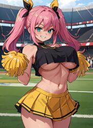 ai_generated aqua_eyes bangs bare_shoulders black_shirt blue_eyes blue_sky blush breasts cheerleader cheerleader_uniform clothing cloud cowboy_shot crop_top crop_top_overhang day female female_only grin hair_ornament holding holding_pom_poms large_breasts long_hair looking_at_viewer mabi_ai midriff miniskirt navel no_bra open_mouth original original_character outdoors pink_hair pleated_skirt pom_pom_(cheerleading) pom_poms shirt skirt sky sleeveless sleeveless_shirt smile solo solo_focus sportswear stadium standing stomach teeth thighs tied_hair twintails underboob uniform yellow_skirt