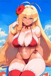 ai_generated battle_spirits beach big_breasts big_butt bikini bimbo bimbo_body blonde_female blonde_hair blue_eyes patreon_username print_tax5 red_bikini rei_ohba thiccwithaq_(ai_style) twitter_username voluptuous_female