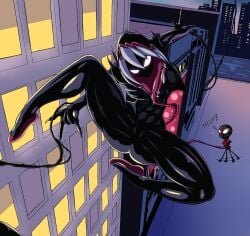 1boy 1girls abs athletic athletic_female black_suit bodysuit bound calf_muscles city_background clawed_fingers claws eight_pack fit fit_female gwen_stacy gwenom hood jacket light_eyes living_clothes marvel mask masked masked_female masked_male medium_breasts miles_morales muscular_arms muscular_legs muscular_thighs six_pack spider-gwen spider-man spider-man:_across_the_spider-verse spider-man:_into_the_spider-verse spider-man_(series) spider_web symbiote tacticoolmofo venom venom_(marvel)