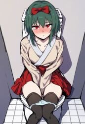 ai_generated arms_between_legs bathroom between_legs black_thighhighs blue_panties blush bow breasts closed_mouth collarbone covering covering_crotch dark_green_hair embarrassed female green_hair gumi hair_between_eyes hairbow hakama hakama_short_skirt hakama_skirt hand_between_legs indoors japanese_clothes kimono knees_together_feet_apart long_sleeves looking_at_viewer looking_up mai_shishikusa masa_works_design milua onibi_series panties panty_pull pleated_skirt pony_diffusion_xl red_bow red_eyes red_hakama red_skirt self_upload short_hair sidelocks sitting skirt solo solo_female thighhighs tile_floor tiles toilet underwear v_arms vocaloid