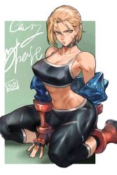 1girls absurdres bare_shoulders black_choker black_pants black_sports_bra blonde_hair blue_eyes blue_jacket breasts cammy_white choker cleavage collarbone commentary facial_scar female fingerless_gloves gloves highres jacket juaagacgy kneeling kyuuakaku large_breasts looking_at_viewer midriff navel pants red_footwear red_gloves scar scar_on_cheek scar_on_face short_hair solo sports_bra street_fighter street_fighter_6 yoga_pants