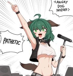 1girls :3 ahoge animal_ears arm_up armpits black_vest blush breasts collar cute_fang dog_ears dog_tail emphasis_lines english_text female formicid green_eyes green_hair groin highres index_finger_raised kasodani_kyouko kyouko_kasodani light-skinned_female light_skin medium_breasts microphone microphone_stand navel oerba_yun_fang open_clothes open_mouth open_vest short_hair simple_background smile solo speech_bubble spiked_collar spikes tail tank_top touhou underboob vest white_background white_tank_top
